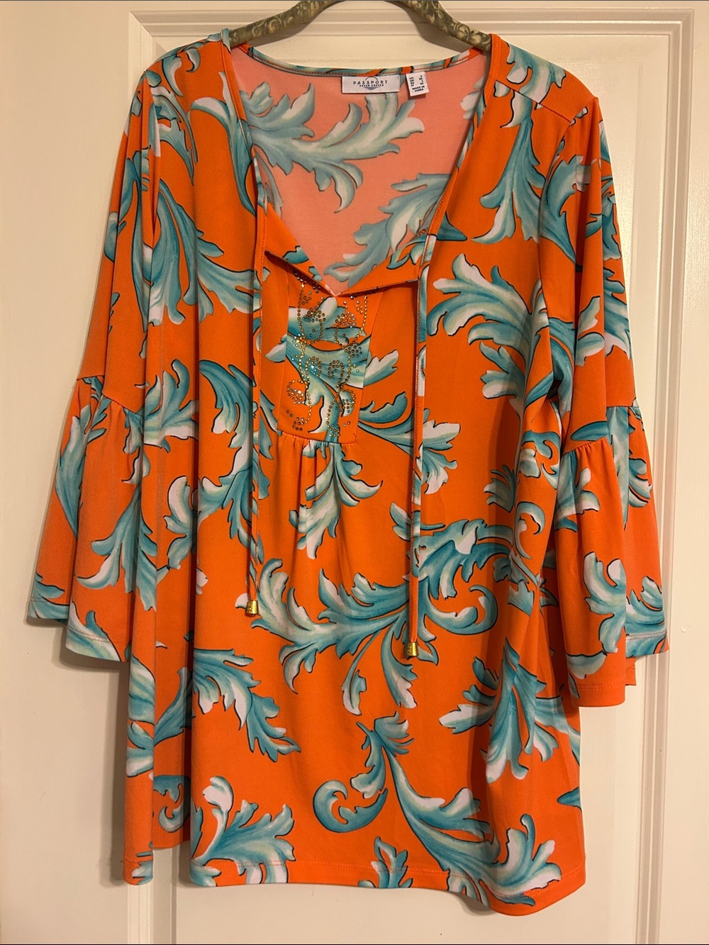 Susan Graver Liquid Knit Orange Tunic with Aqua Scroll Print
